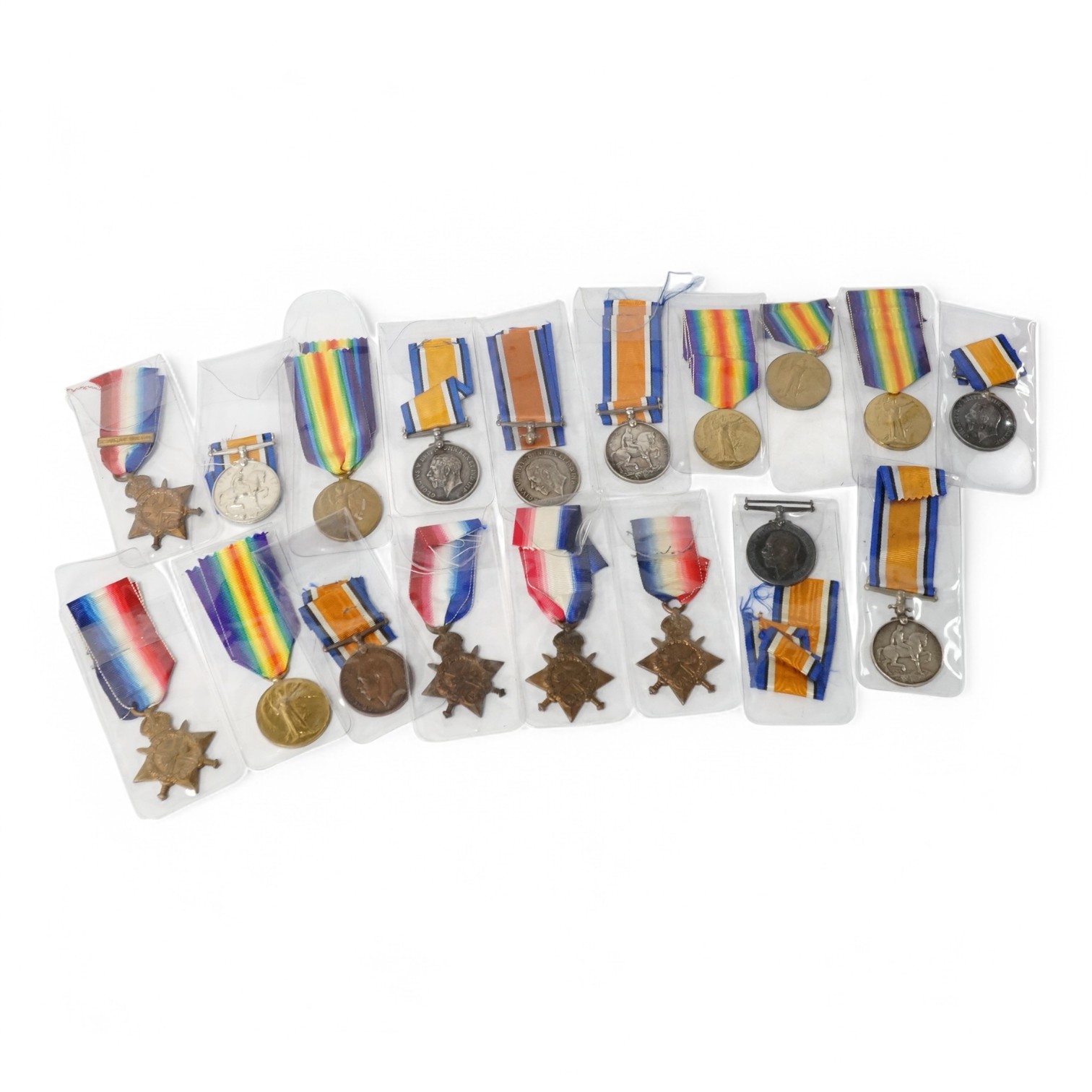 A collection of eighteen First World War medals including; eight British War Medals, five Victory Medals, four 1914-15 Stars, and one 1914 Star with clasp for 5th Aug - 22nd Nov. 1914, all named. Condition - poor to good